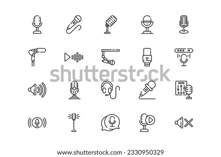 Microphone lines icon set. Microphone genres and attributes. Linear design. Lines with editable stroke. Isolated vector icons.