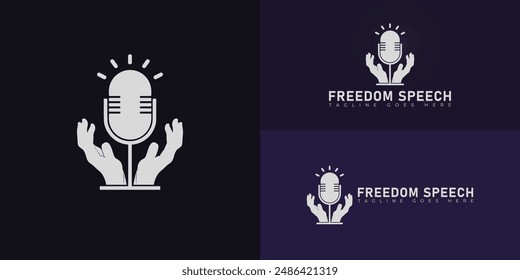 The microphone logo with a clenched fist is illustrated as a free speech logo in white color isolated on multiple background colors. The logo is suitable for speech freedom podcast logo vector design