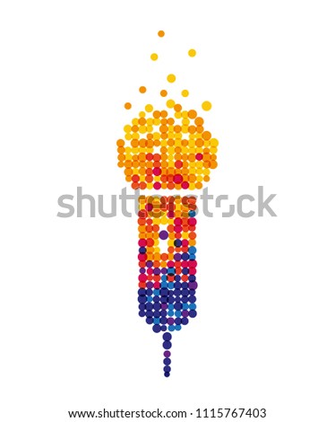 Microphone logo with colored circles on white background. Vector mic with pixel dots. Music equipment for karaoke