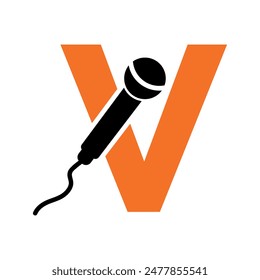 Microphone Logo combine with letter V vector template