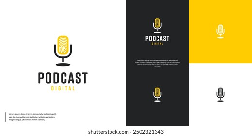 microphone logo with fingerprint combination, sharing, graphic design template.