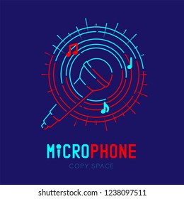 Microphone logo icon outline stroke with music note in staff circle frame dash line design illustration isolated on dark blue background with Microphone text and copy space, vector eps 10