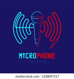 Ícone do logotipo do microfone traçado com moldura de onda do cabo traço linha ilustração de design isolado no fundo azul escuro com texto do microfone e espaço de cópia, eps vetorial 10