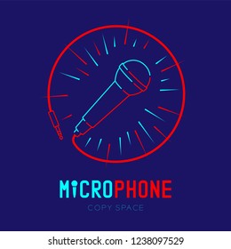Microphone logo icon outline stroke with radius in circle frame from cable dash line design illustration isolated on dark blue background with Microphone text and copy space, vector eps 10