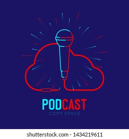 Microphone logo icon outline stroke with Cloud shape frame cable dash line design, podcast internet radio program concept illustration isolated on dark blue background with PODCAST text, vector