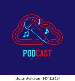 Microphone logo icon outline stroke with Cloud shape frame cable dash line design, podcast internet radio program concept illustration isolated on dark blue background with PODCAST text, vector