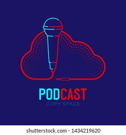 Microphone logo icon outline stroke with Cloud shape frame cable dash line design, podcast internet radio program concept illustration isolated on dark blue background with PODCAST text, vector