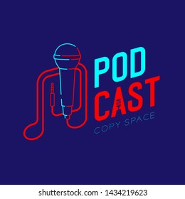 Microphone logo icon outline stroke with music note cable dash line design, podcast internet radio program concept illustration isolated on dark blue background with PODCAST text, vector