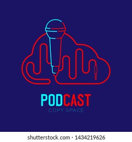 Microphone logo icon outline stroke with Cloud shape frame cable dash line design, podcast internet radio program concept illustration isolated on dark blue background with PODCAST text, vector