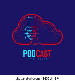 Microphone logo icon outline stroke with Cloud shape frame cable dash line design, podcast internet radio program concept illustration isolated on dark blue background with PODCAST text, vector