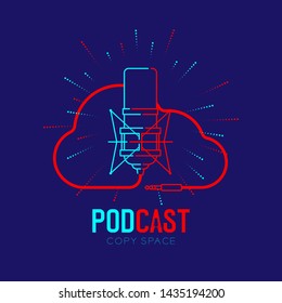 Microphone logo icon outline stroke with Cloud shape frame cable dash line design, podcast internet radio program concept illustration isolated on dark blue background with PODCAST text, vector