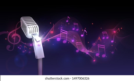 Microphone and luminous notes, music, songs, pop concert