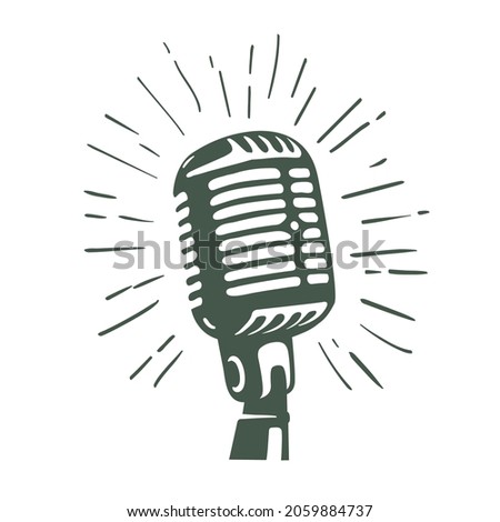 Microphone. Mass media. Podcast. Hand-drawn vector illustration.