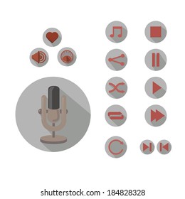 Microphone and media control flat icon set for brochure, application design button elements or magazine illustration in subject of audio - music & entertainment