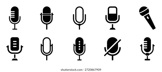 Microphone or mic button icon set. Contains headphone, mute, broadcast, podcast, broadcasting, audio vocal sound, voice, music karaoke, musical studio, loudspeaker. Vector illustration
