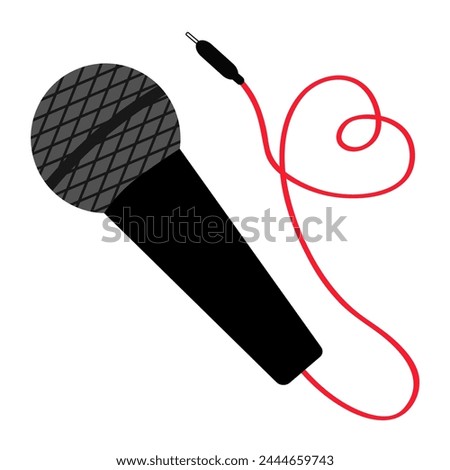 Microphone mic icon with red wire cord. Heart shape. Music karaoke party. Black metal color. Cards, decorations, logo template. Happy Valentines day. Greeting card. Flat design White background Vector
