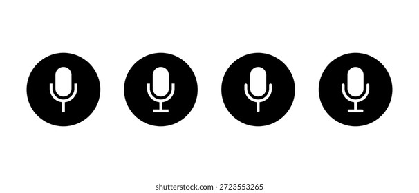Micrófono, icono de micrófono en círculo negro. Grabación de audio y símbolo de entrada de voz