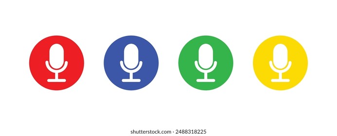 Conjunto de iconos de micrófono de micrófono en Arte vectorial de color verde, rojo, amarillo y azul. Conjunto de iconos de Vector de micrófono aislado sobre fondo blanco. Vector de iconos de podcast.