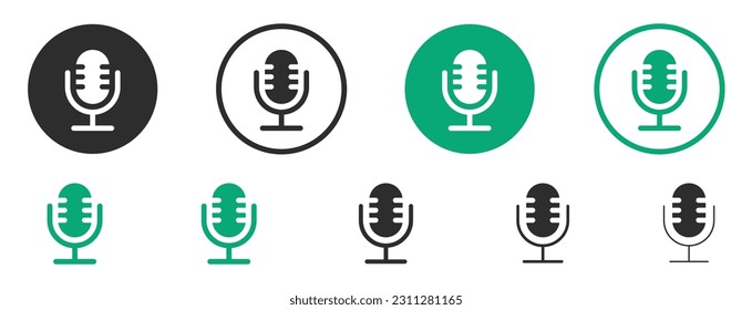 Microphone mic icon set. Radio podcast mic icons. Broadcast microphone vector symbols. Interview mic icon set. Audio record thin outline signs. 