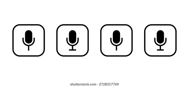 Microfone, ícone de microfone definido em contorno quadrado. Gravação de áudio e símbolo de entrada de voz