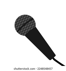 Microphone mic icon with wire cord. Music karaoke party. News journalist speech performances concept. Black metal color. Cards, decorations, logo template. Flat design. White background. Vector