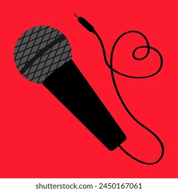 Microphone mic icon with wire cord. Heart shape. Music karaoke party. Happy Valentines day. Greeting card. Black metal color. Cards, decorations, logo template. Flat design. Red background. Vector