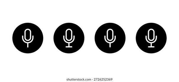 Micrófono, icono de contorno de micrófono en círculo negro. Grabación de audio y símbolo de entrada de voz