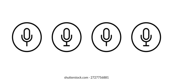 Micrófono, icono de contorno de micrófono establecido en línea circular. Grabación de audio y símbolo de entrada de voz