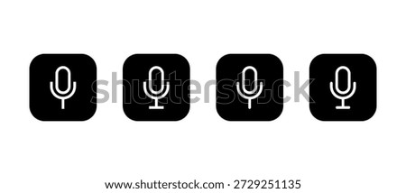 Microphone, mic outline icon set in black square. Audio recording and voice input symbol