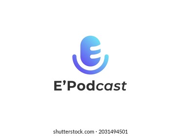 Microphone Mic Podcast Music Radio with Initial Letter E modern Logo Design
