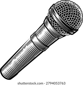 A microphone, mike or mic drawing in the style of a vintage etching or engraving woodcut illustration