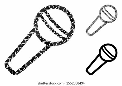 Microphone mosaic of bumpy pieces in various sizes and color tinges, based on microphone icon. Vector bumpy elements are united into collage. Microphone icons collage with dotted pattern.