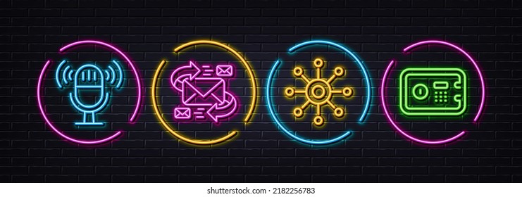 Iconos de línea mínimos de micrófono, multicanal y correo electrónico. Luces 3d láser neón. Iconos de caja segura. Para web, aplicación, impresión. Micrófono, multitarea, comunicación por letras. Depósito. Vector