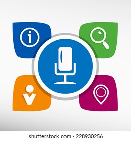 Microphone multimedia signs and icons set vector illustration. Modern Flat style 