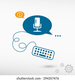 Microphone multimedia signs and keyboard on chat speech bubbles. Line icons for application and creative process.