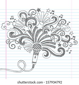 Microphone Music Back to School Sketchy Notebook Doodles Illustration with Palm Shooting Stars and Music Notes- Vector Illustration on Lined Sketchbook Paper