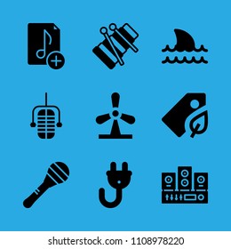 microphone, music file, windmill, tag, plug, sound system, xylophone, maraca and shark vector icon. Simple icons set