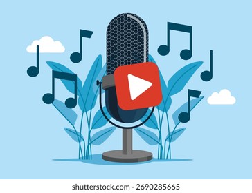 Micrófono con nota musical, tono de armonía. Ilustración plana de Vector