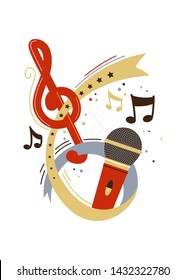 Microphone And Music Notes Flat Vector Illustration. Song Contest, Vocal Show. Singer, Stand Up Artist Performance. Professional Retro Mic, Melody, Tune Isolated Clipart. Recording Studio Logo