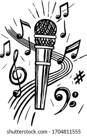  Microphone and music notes hand drawn vector sketch.