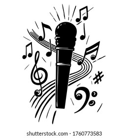  Micrófono y notas musicales dibujadas a mano silueta vectorial .