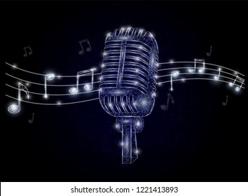 Microphone and music notes low poly wireframe mesh made of points, lines and shapes. Vector polygonal art style illustration. Musical poster banner template.