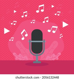 Microphone with music notes on pink background