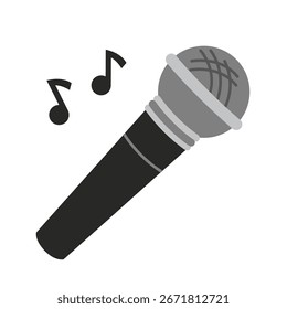 Mikrofon mit Noten. Performance- und Konzertkonzept. Moderne Vektorgrafik einzeln auf weißem Hintergrund, handgezeichnet, flaches Design