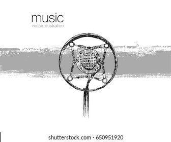 Microphone with music notes and music sheet. Retro Vintage doodle hand drawn engraving style vector illustration. Scratch board imitation