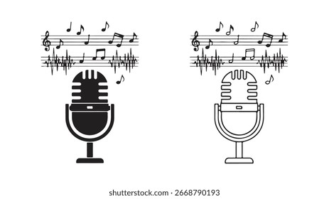 Micrófono con notas musicales y ondas sonoras