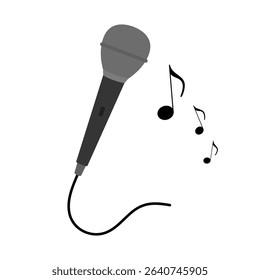 Microphone with Music Notes Vector Illustration. A dark colored wired microphone and three black musical notes of varying sizes.