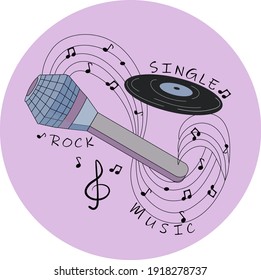  Microphone, musical disk, notes, vector illustration, editable, background isolated. Badges, emblems, poster.