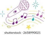 A microphone with musical notes and abstract shapes in a playful drawing style. Sound waves and stars surround the mic in a dynamic composition. Cartoon vector illustration.