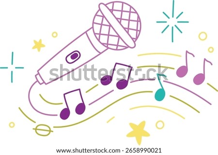 A microphone with musical notes and abstract shapes in a playful drawing style. Sound waves and stars surround the mic in a dynamic composition. Cartoon vector illustration.